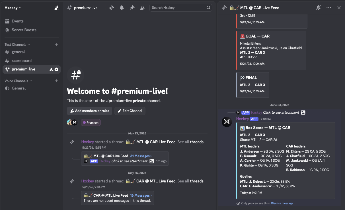 Hxckey for Discord — live scores and box scores in a Discord server