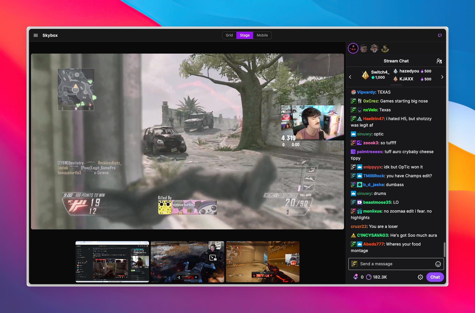 Skybox stage mode showing a large stream, filmstrip, stream controls, and lineup sidebar