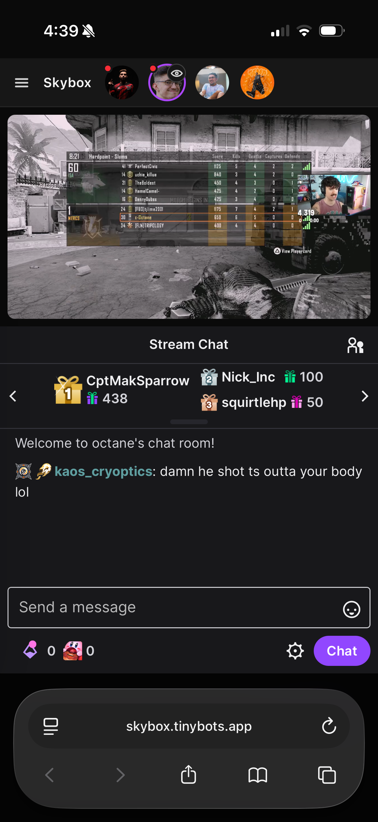 Skybox mobile layout showing a stream, chat, and mobile controls