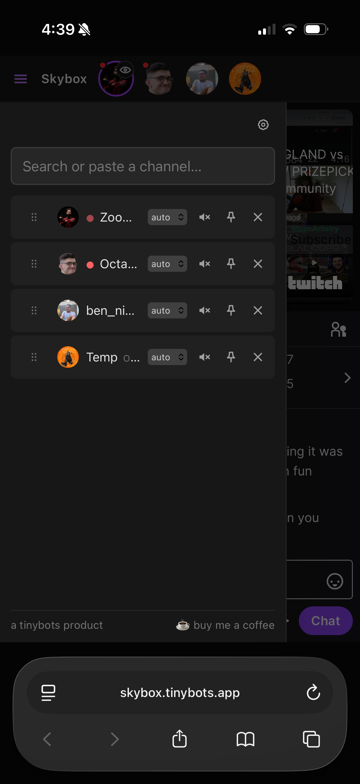 Skybox mobile layout showing the stream lineup and controls panel